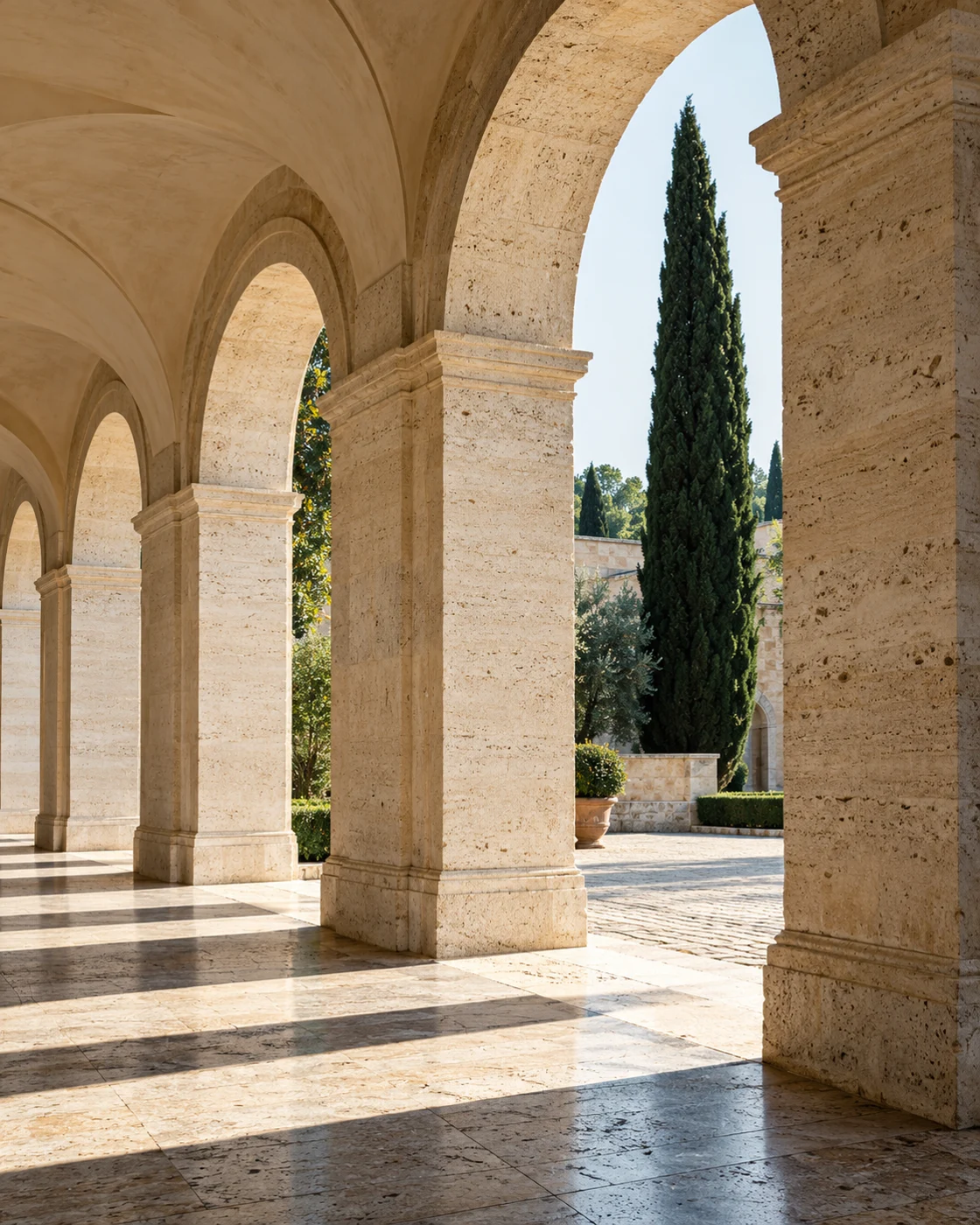 Arcades en pierre claire, lumière et cyprès : une évocation de l’architecture italienne